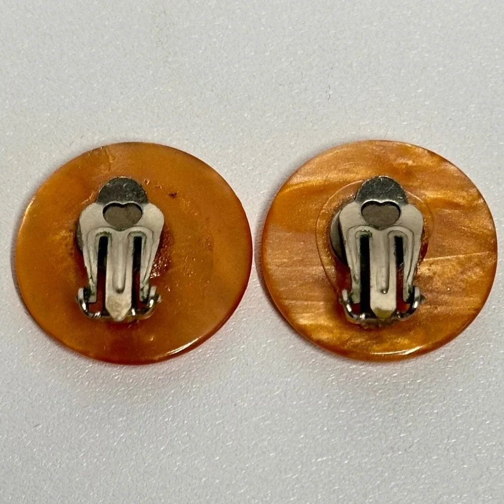 Vintage‎ Butterscotch Lucite Earrings Amber Swirl Round Clip On